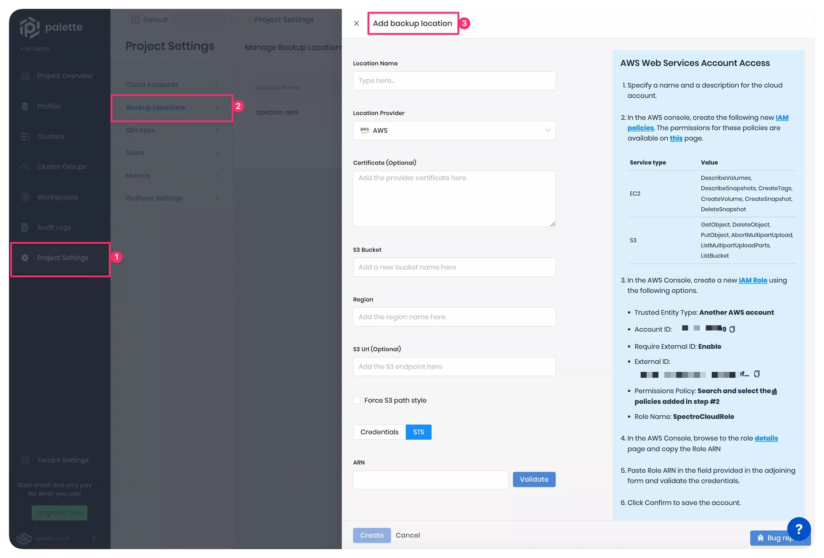 A screenshot highlighting the wizard and configuration fields to add a backup location in Palette.