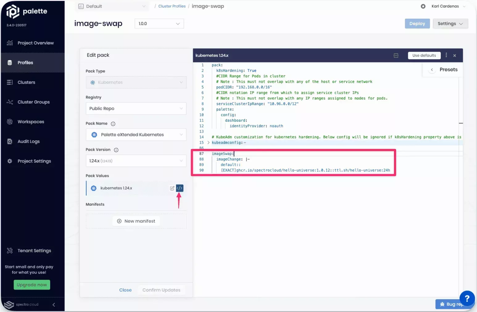 A view of the Kubernetes layer YAML with an imageSwap configuration block.